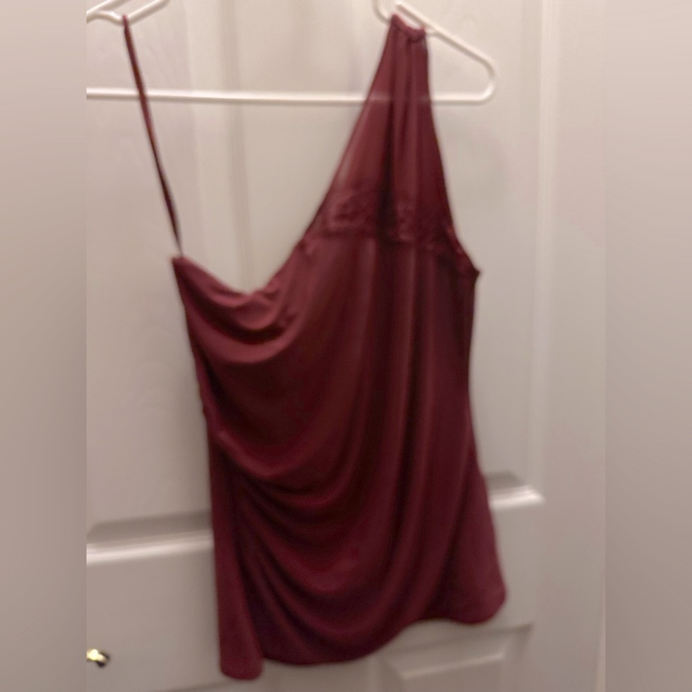 WHBM one-shoulder blouse w/ lace insert.  NWT.  Maroon color.  Size Small.